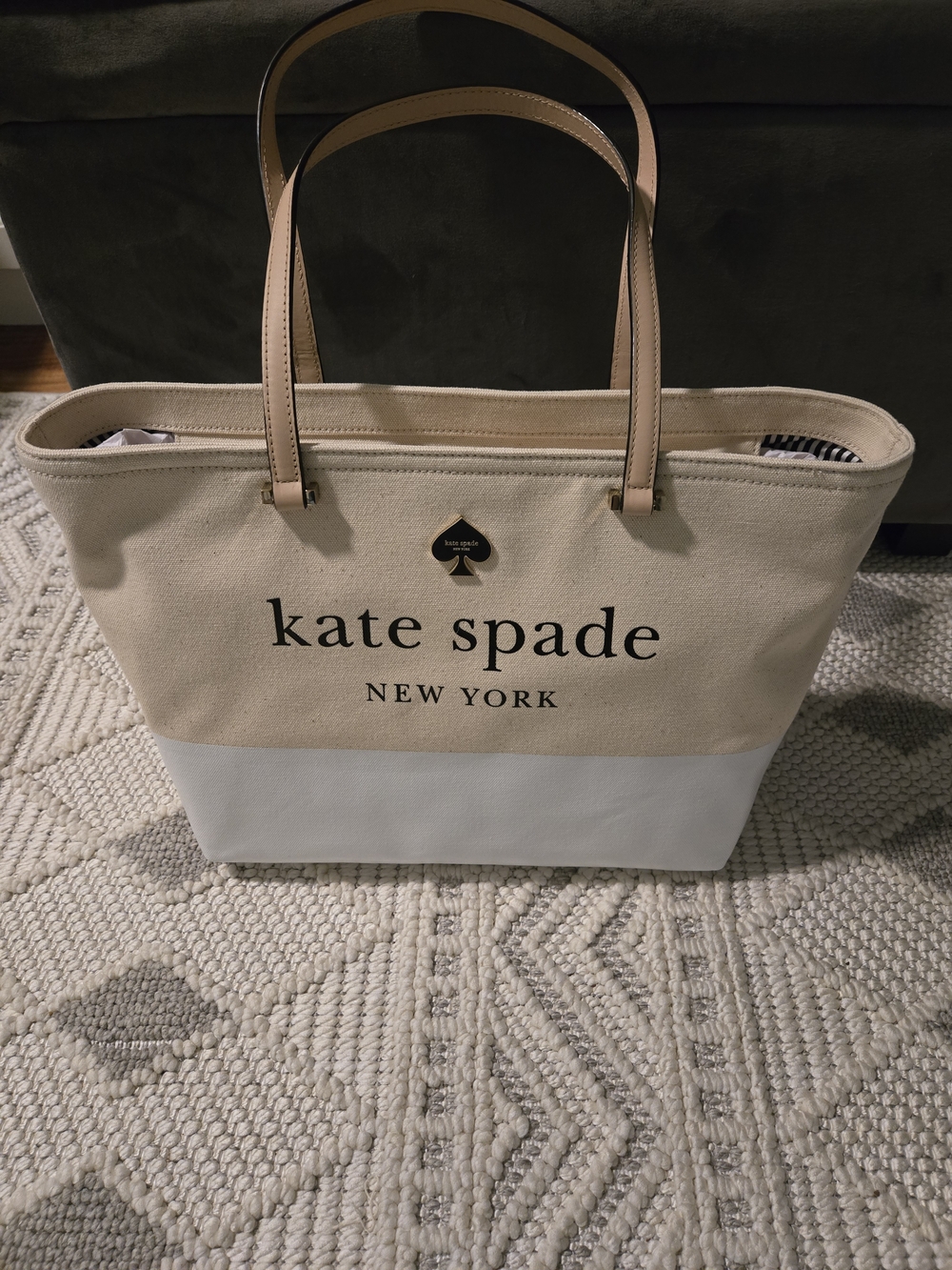 kate spade Two-Tone Canvas Tote in Beige and White with Tan Handles
